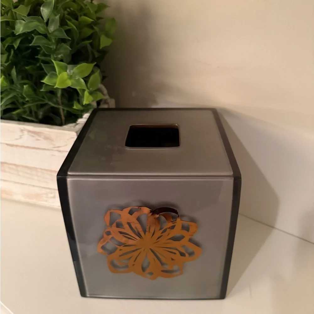 Ancora Gray Lucite Tissue Box Cover featuring a Gold Mandala Boho Floral Design